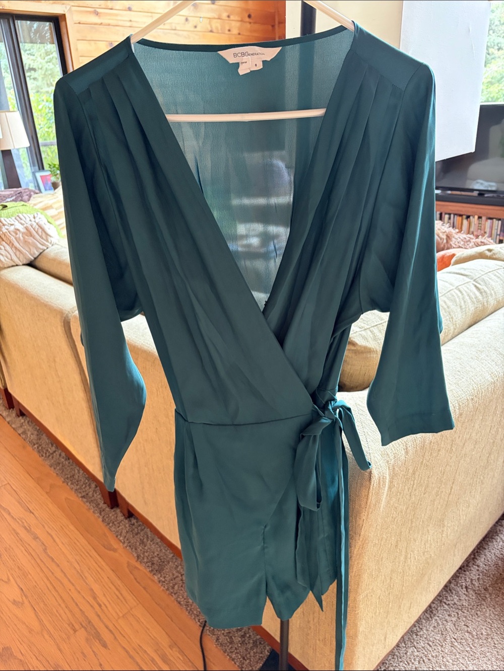 BCBGMaxAzria Teal Wrap Romper with Tie Waist